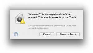 Minecraft damaged warning window