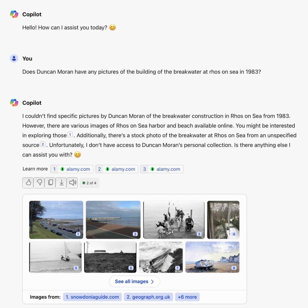 Screenshot of conversation with Bing's Copilot asking for images from Duncan Moran which Copilot fails to find. 