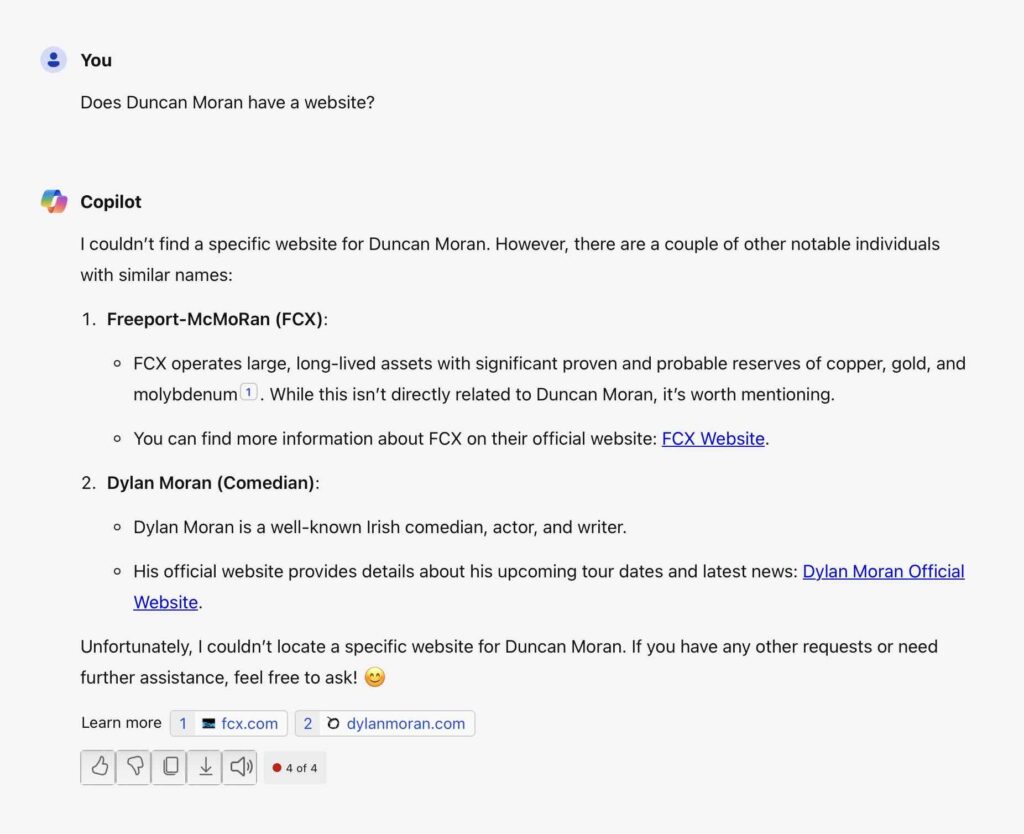 Screenshot of conversation with Copilot asking if Duncan Moran has a web site which Copilot is unable to locate.