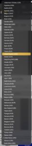 Menu displaying a list of countries